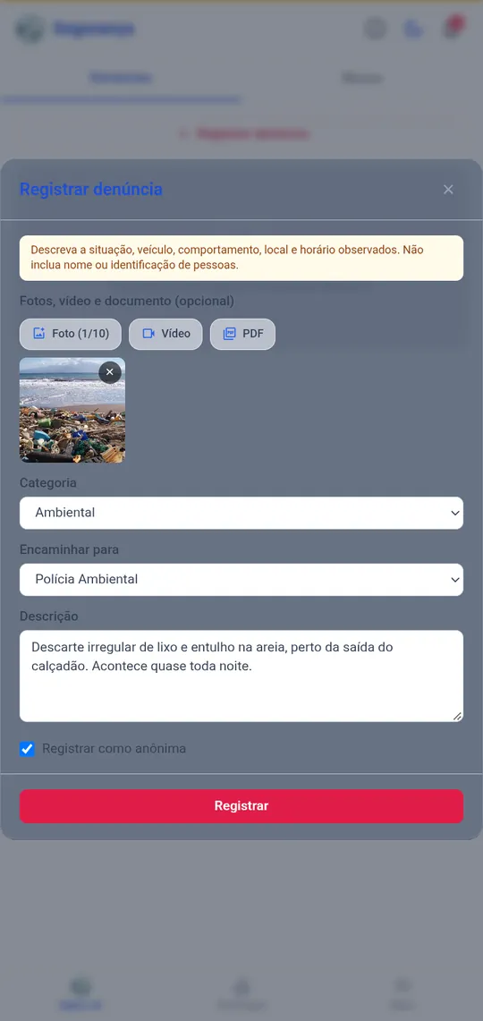 Tela real do app: registrar uma denúncia